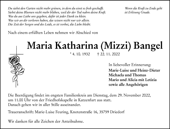 Traueranzeige von Maria Katharina  Bangel von Wetzlarer Neue Zeitung