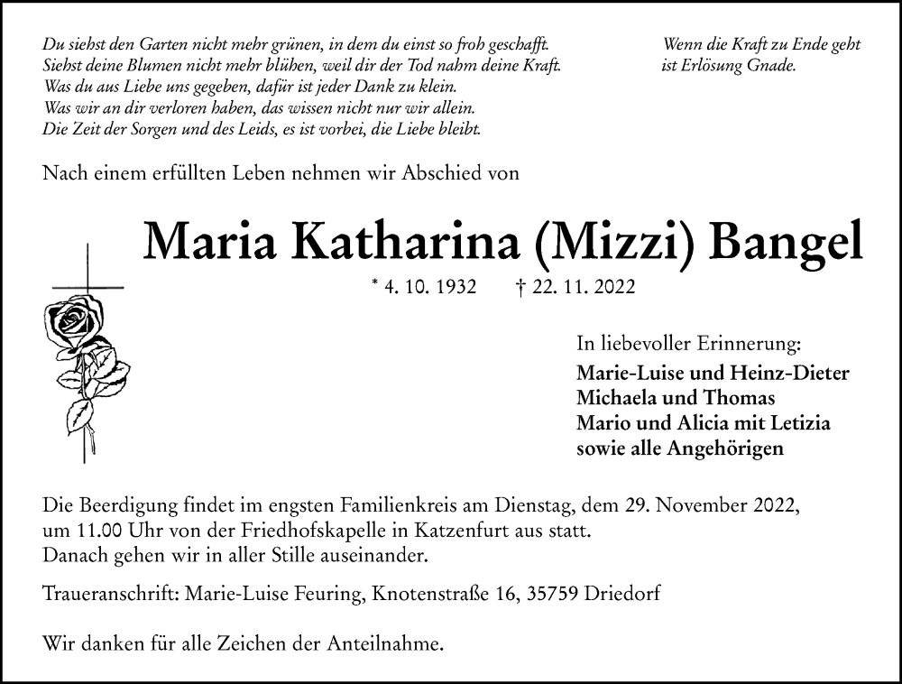  Traueranzeige für Maria Katharina  Bangel vom 25.11.2022 aus Wetzlarer Neue Zeitung