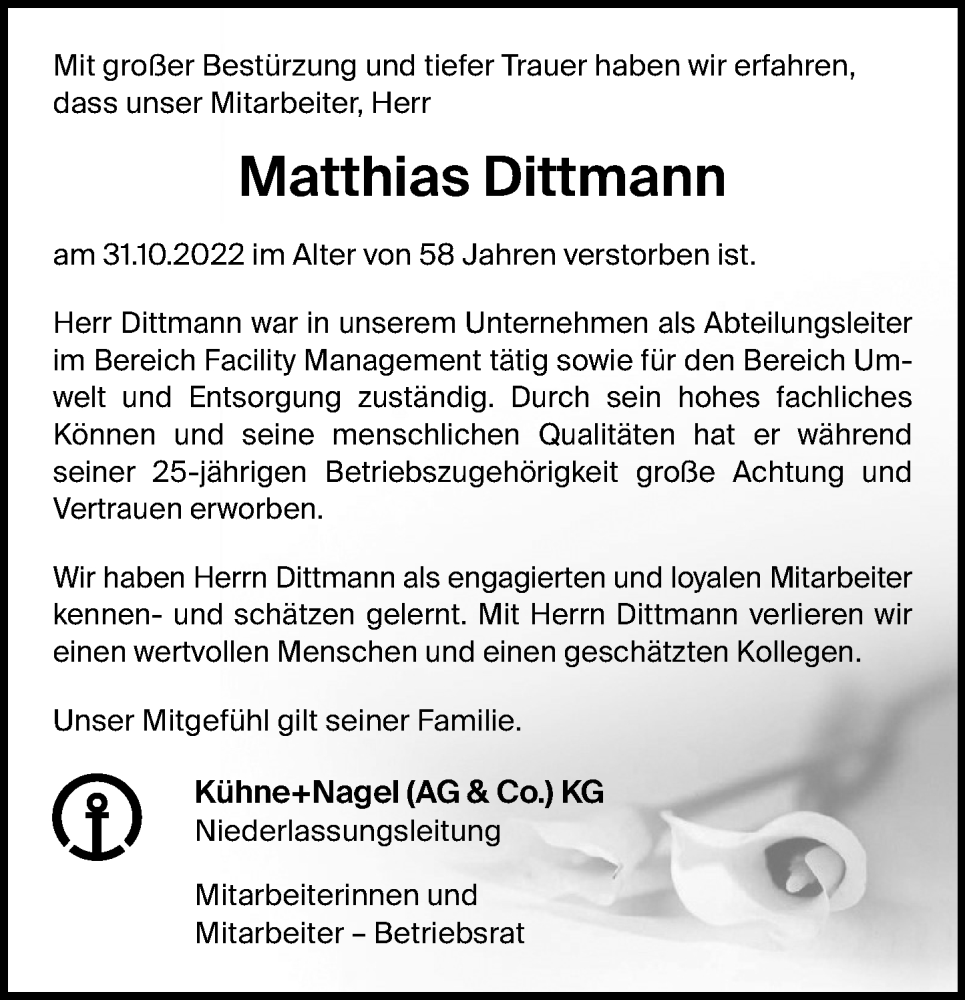  Traueranzeige für Matthias Dittmann vom 05.11.2022 aus Dill Block