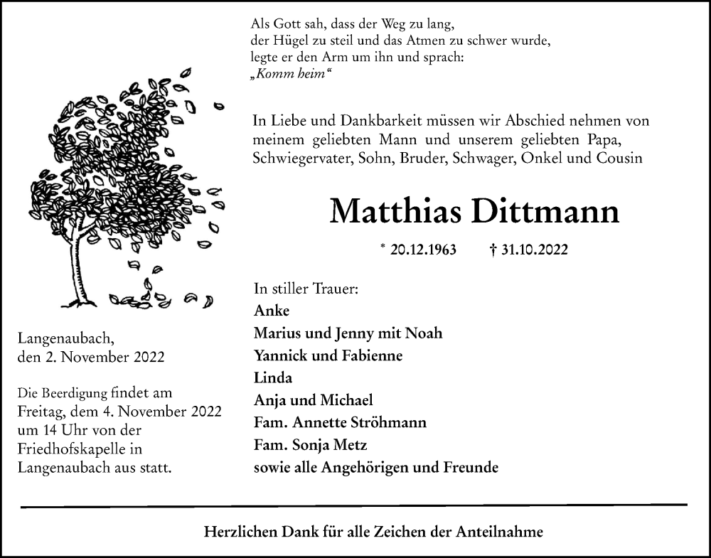  Traueranzeige für Matthias Dittmann vom 02.11.2022 aus Dill Block