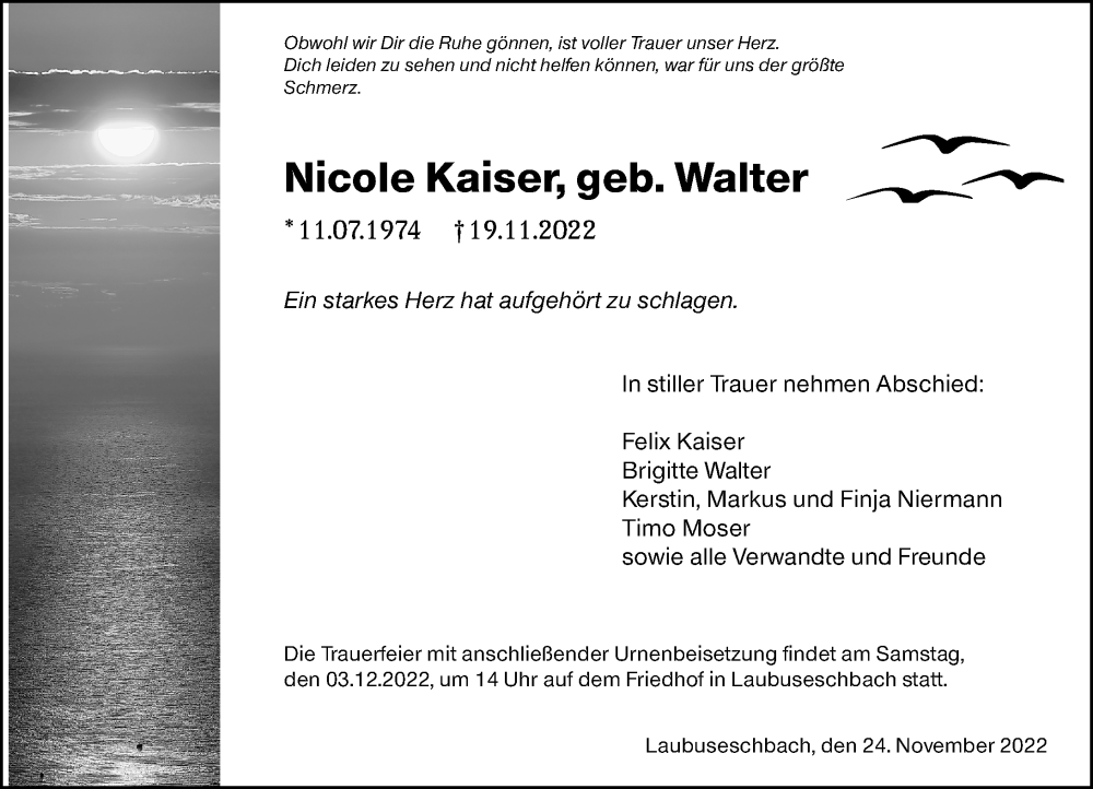  Traueranzeige für Nicole Kaiser vom 25.11.2022 aus Weilburger Tageblatt