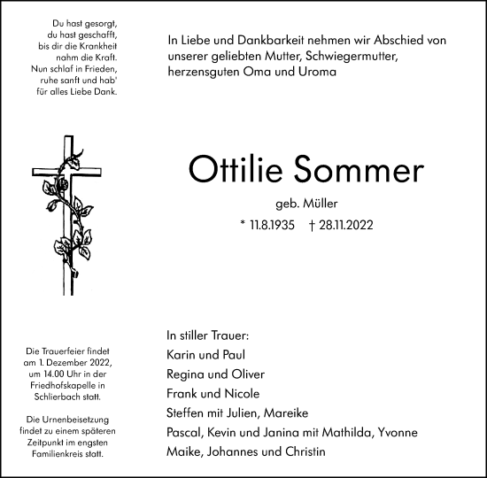 Traueranzeige von Ottilie Sommer von Hinterländer Anzeiger
