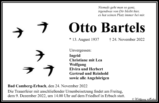 Traueranzeige von Otto Bartels von Camberger Anzeiger
