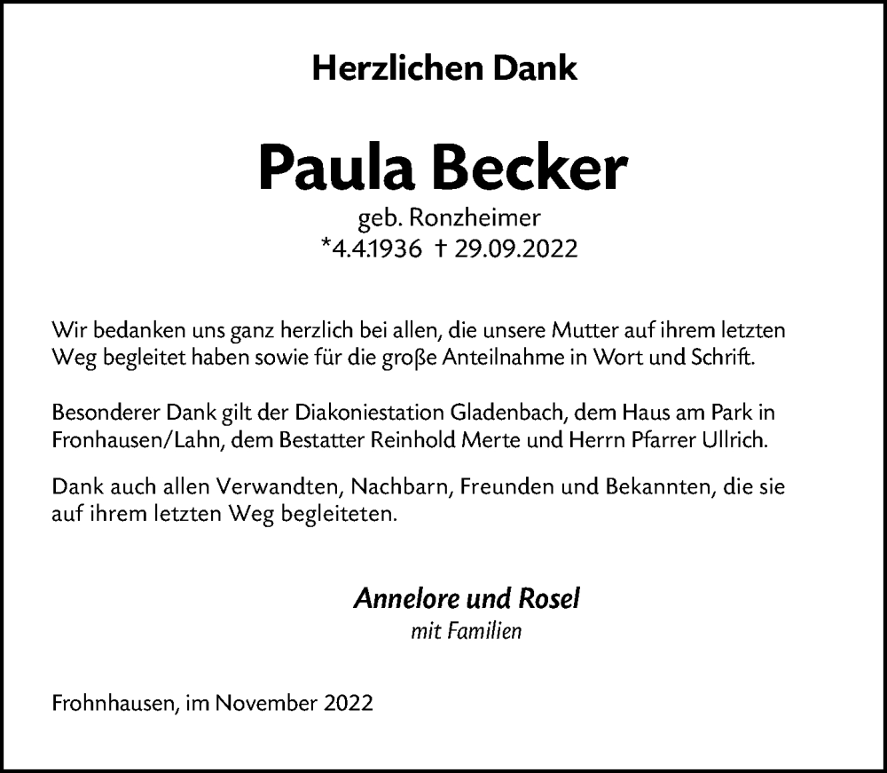  Traueranzeige für Paula Becker vom 05.11.2022 aus Hinterländer Anzeiger