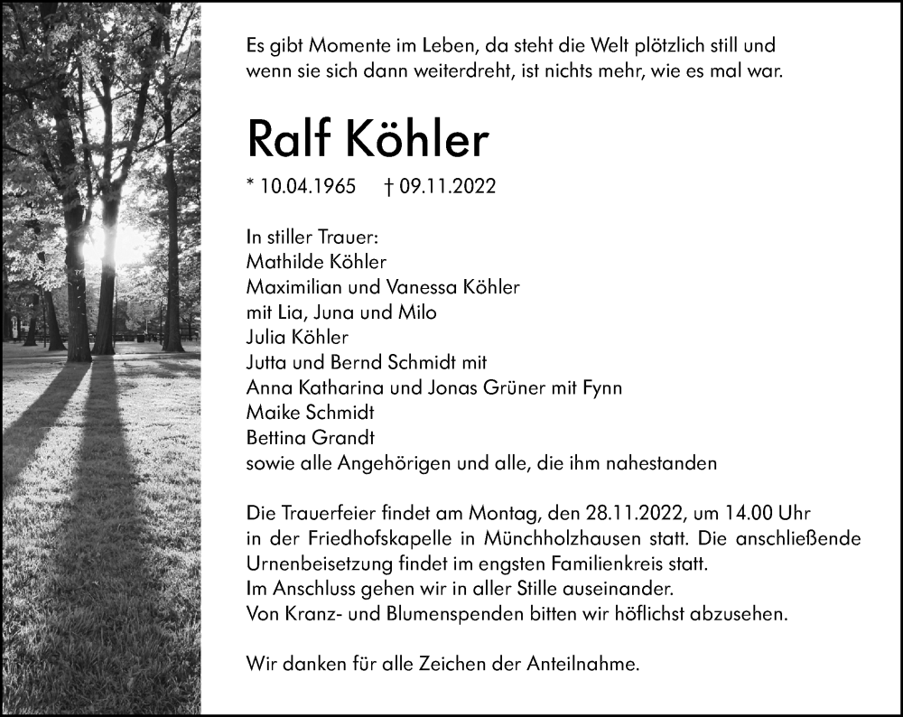  Traueranzeige für Ralf Köhler vom 24.11.2022 aus Wetzlarer Neue Zeitung