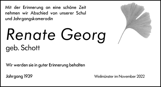 Traueranzeige von Renate Georg von Weilburger Tageblatt