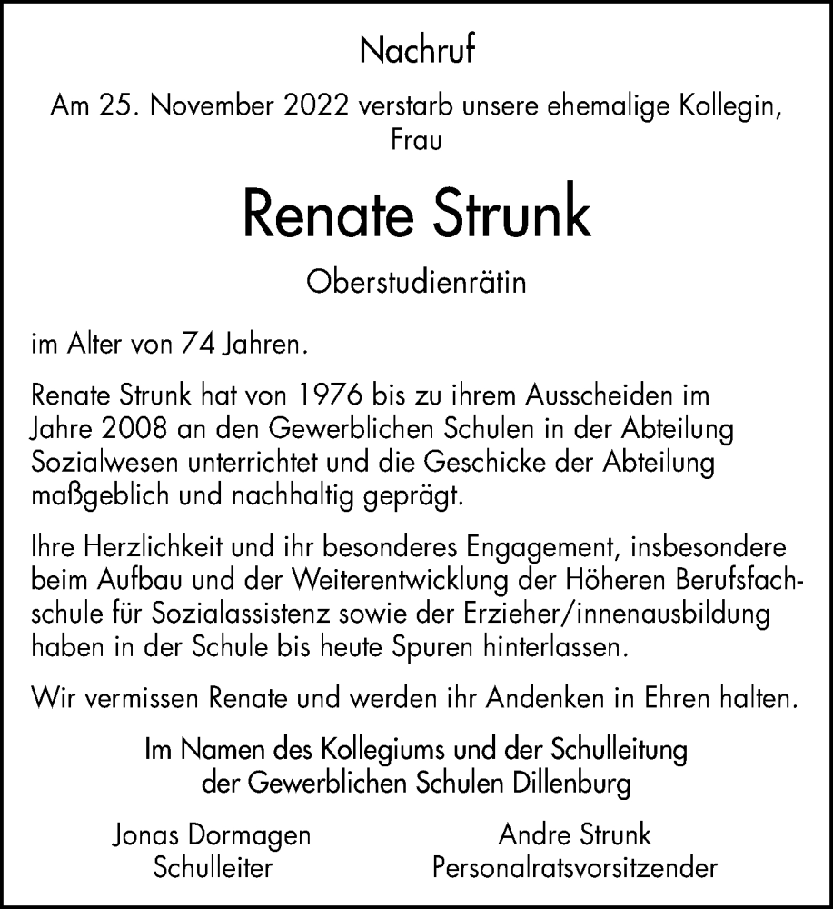  Traueranzeige für Renate Strunk vom 01.12.2022 aus Dill Block