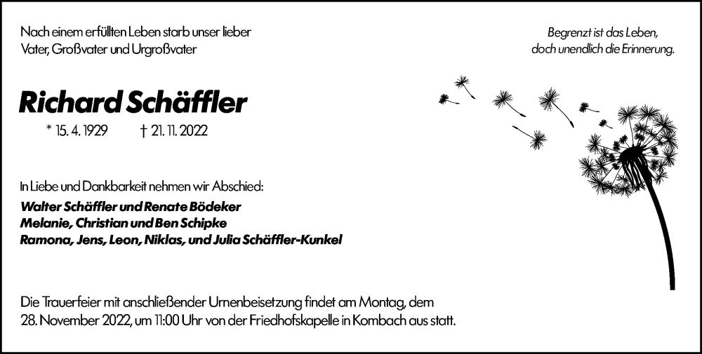  Traueranzeige für Richard Schäffler vom 24.11.2022 aus Hinterländer Anzeiger