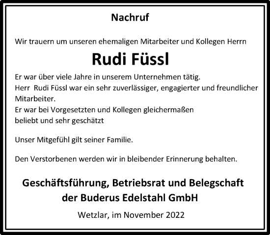 Traueranzeige von Rudi Füssl von Wetzlarer Neue Zeitung