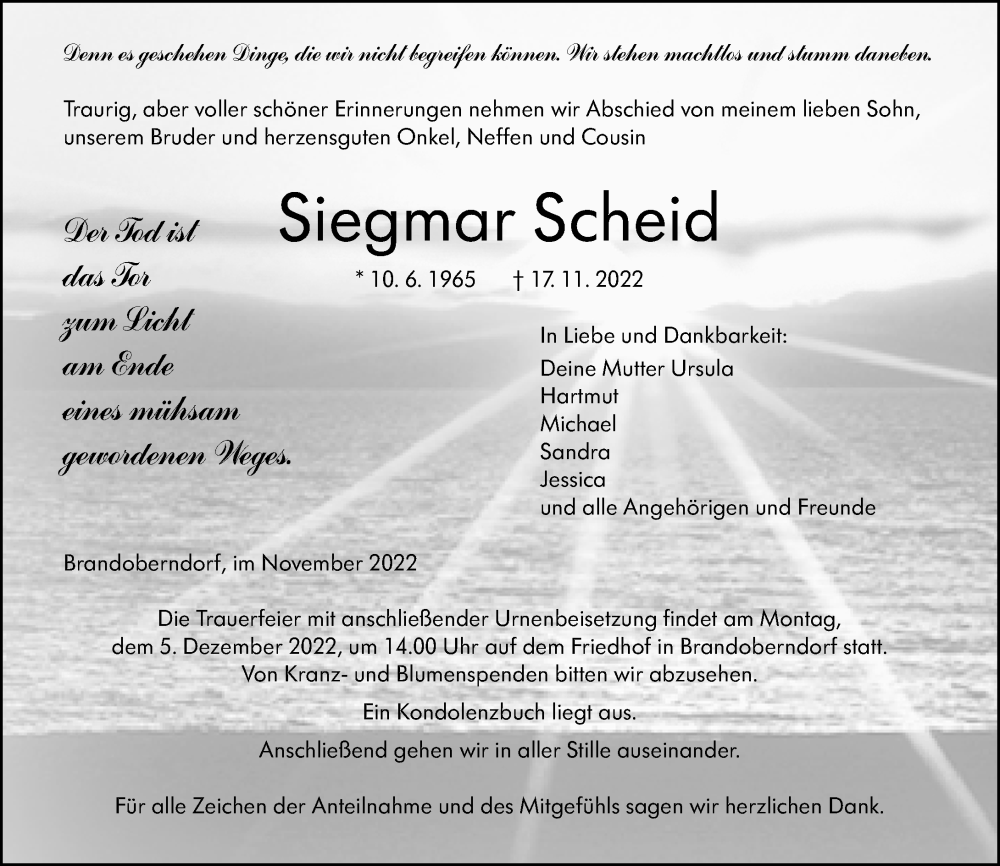  Traueranzeige für Siegmar Scheid vom 01.12.2022 aus Wetzlarer Neue Zeitung