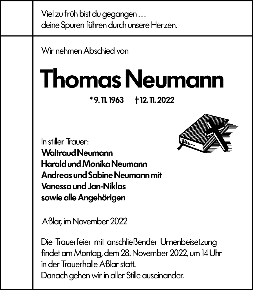  Traueranzeige für Thomas Neumann vom 24.11.2022 aus Wetzlarer Neue Zeitung