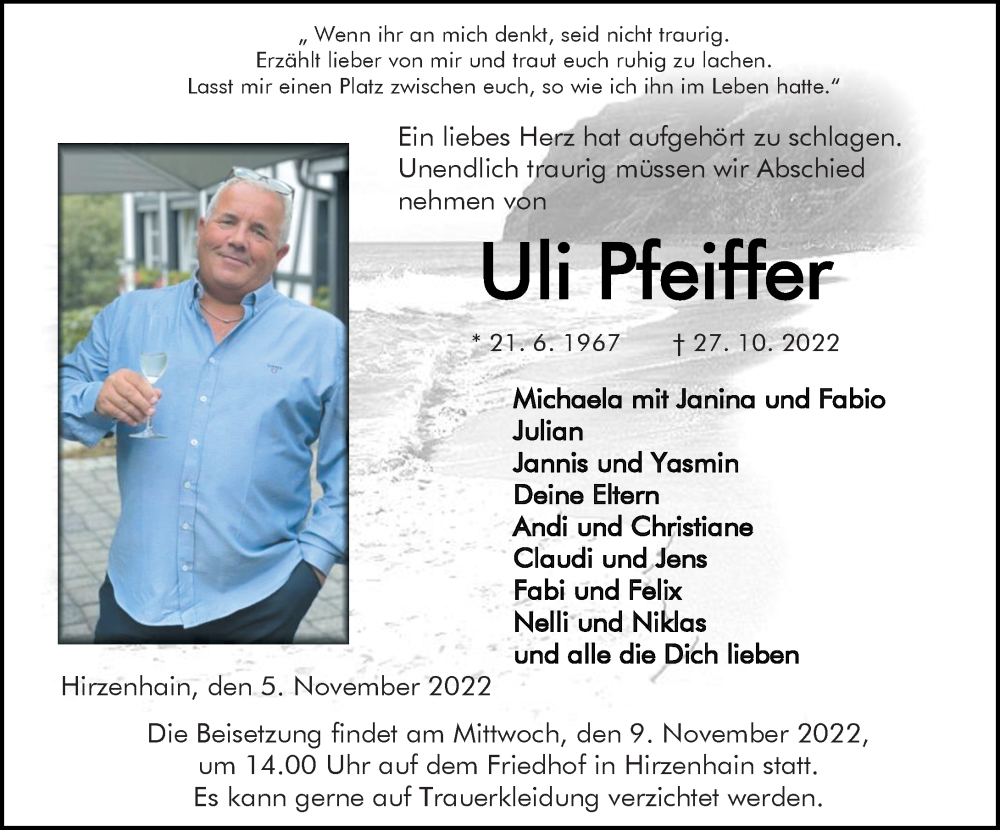  Traueranzeige für Uli Pfeiffer vom 05.11.2022 aus Dill Block