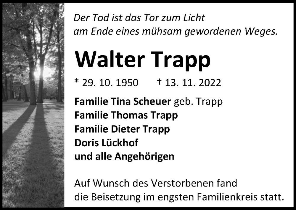  Traueranzeige für Walter Trapp vom 26.11.2022 aus Dill Block