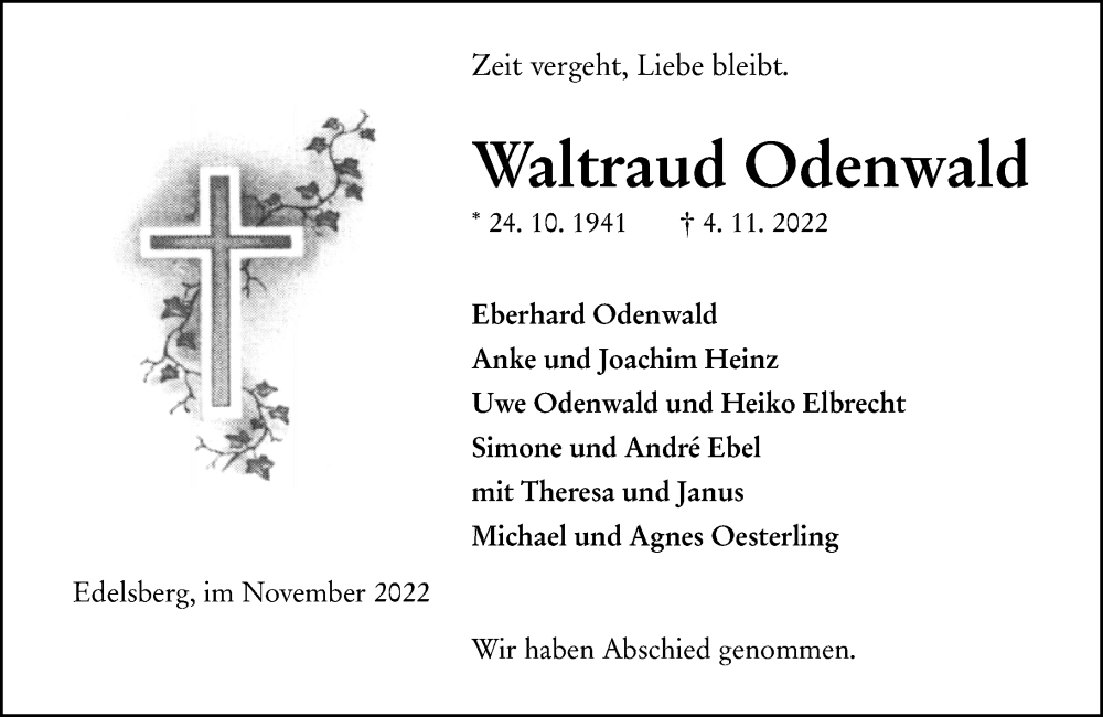  Traueranzeige für Waltraud Odenwald vom 26.11.2022 aus Weilburger Tageblatt