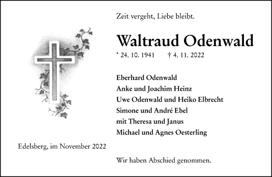Traueranzeige von Waltraud Odenwald von Weilburger Tageblatt