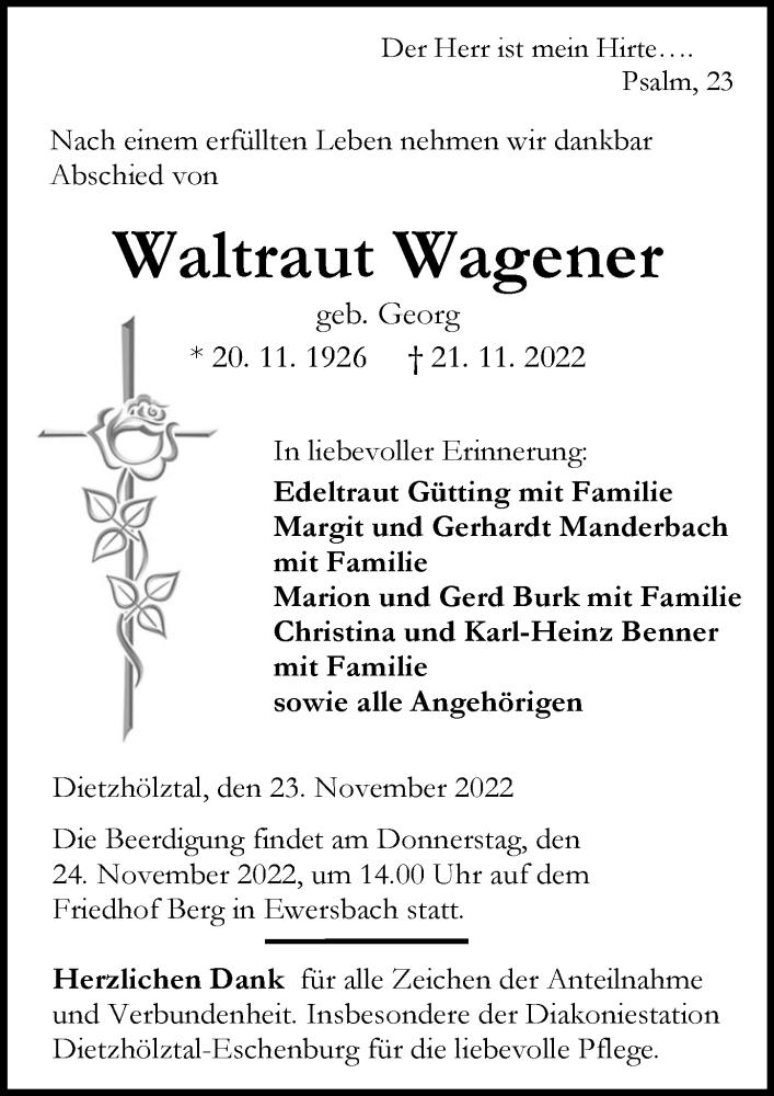  Traueranzeige für Waltraut Wagener vom 23.11.2022 aus Dill Block