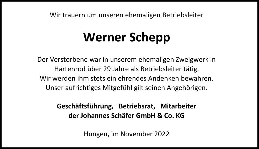  Traueranzeige für Werner Schepp vom 30.11.2022 aus Hinterländer Anzeiger