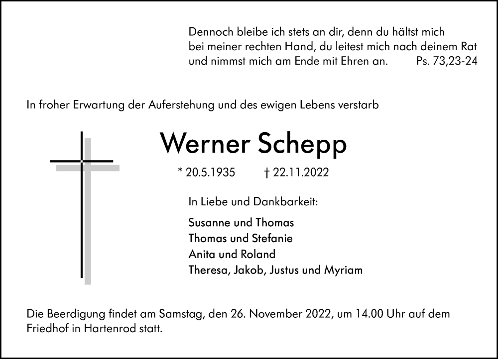  Traueranzeige für Werner Schepp vom 24.11.2022 aus Hinterländer Anzeiger