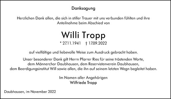 Traueranzeige von Willi Tropp von Wetzlarer Neue Zeitung