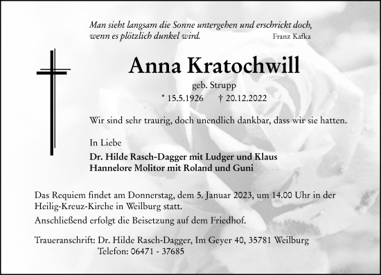 Traueranzeige von Anna Kratochwill von Weilburger Tageblatt