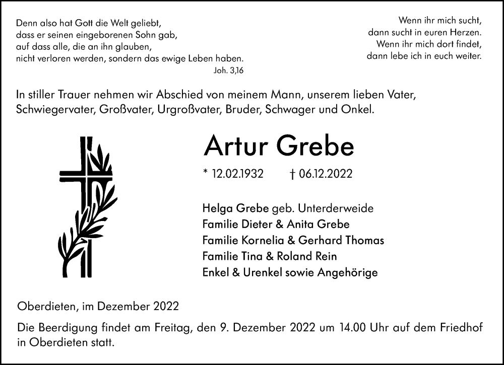  Traueranzeige für Artur Grebe vom 07.12.2022 aus Hinterländer Anzeiger