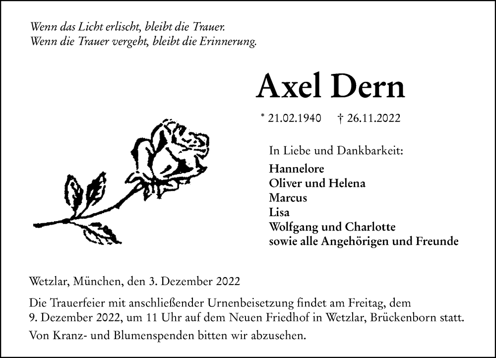  Traueranzeige für Axel Dern vom 03.12.2022 aus Wetzlarer Neue Zeitung