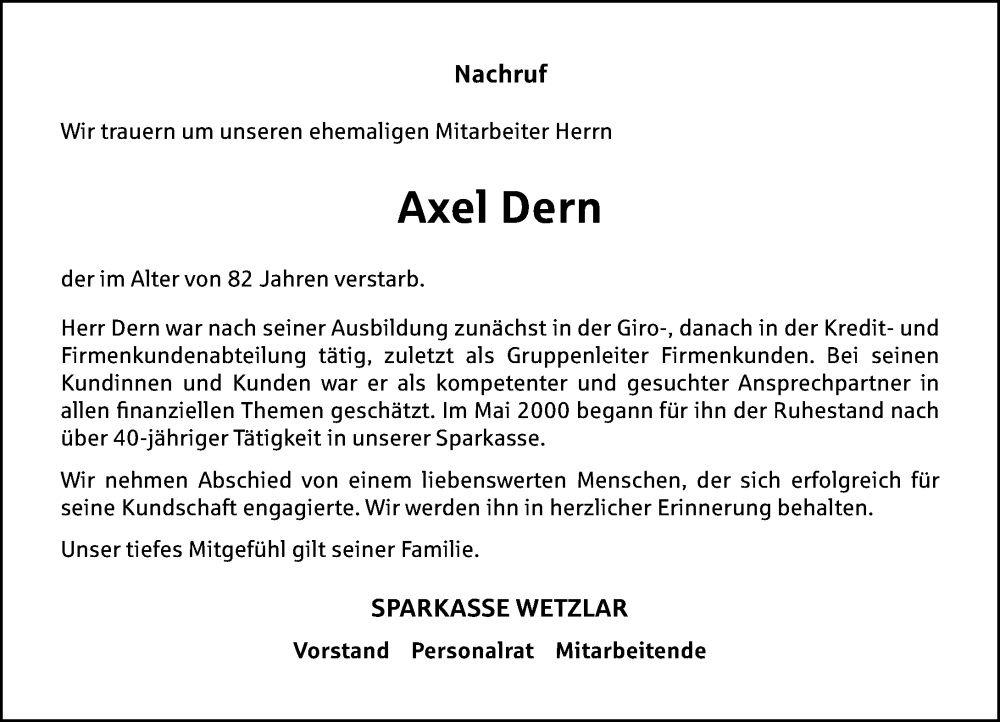  Traueranzeige für Axel Dern vom 09.12.2022 aus Wetzlarer Neue Zeitung