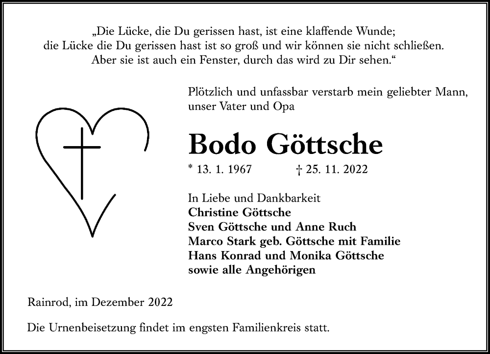  Traueranzeige für Bodo Göttsche vom 02.12.2022 aus Lauterbacher Anzeiger
