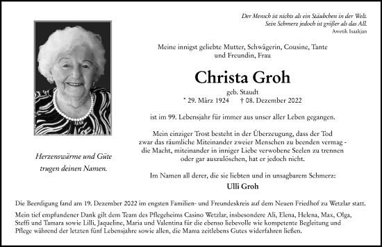 Traueranzeige von Christa Groh von Wetzlarer Neue Zeitung
