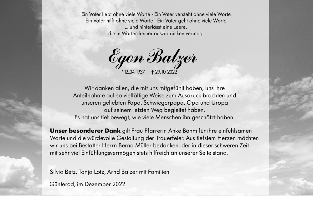  Traueranzeige für Egon Balzer vom 10.12.2022 aus Hinterländer Anzeiger
