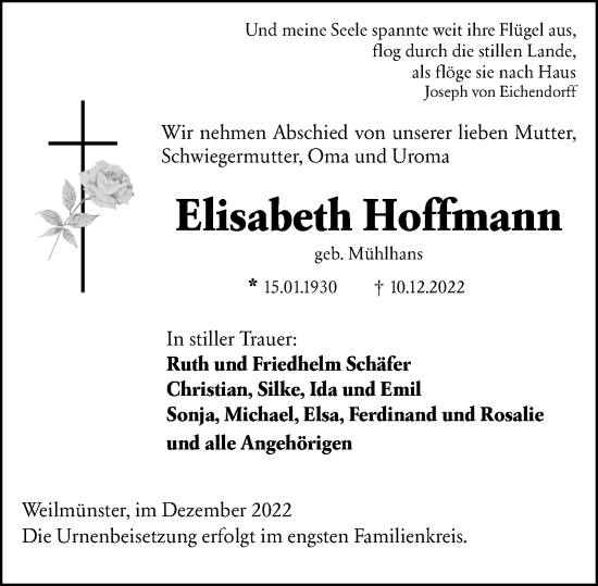 Traueranzeige von Elisabeth Hoffmann von Weilburger Tageblatt