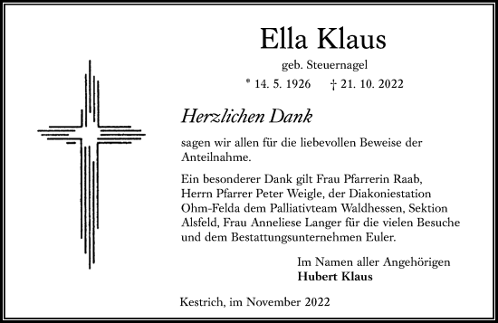 Traueranzeige von Ella Klaus von Oberhessische Zeitung