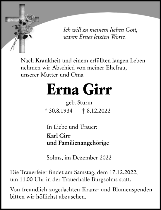 Traueranzeige von Erna Girr von Wetzlarer Neue Zeitung