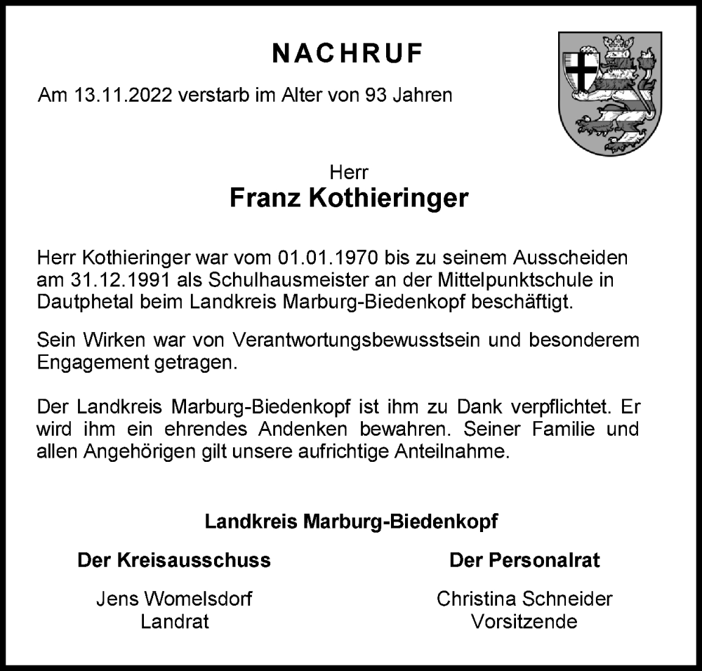  Traueranzeige für Franz Kothieringer vom 07.12.2022 aus Hinterländer Anzeiger
