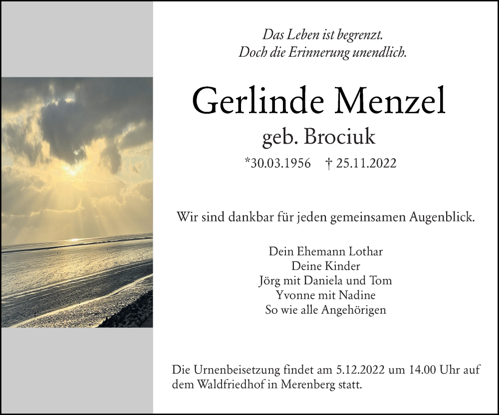  Traueranzeige für Gerlinde Menzel vom 02.12.2022 aus Weilburger Tageblatt