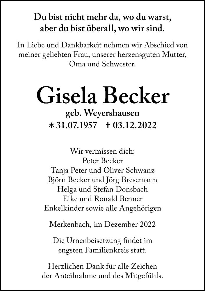  Traueranzeige für Gisela Becker vom 08.12.2022 aus Dill Block