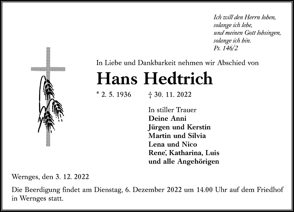  Traueranzeige für Hans Hedtrich vom 03.12.2022 aus Lauterbacher Anzeiger