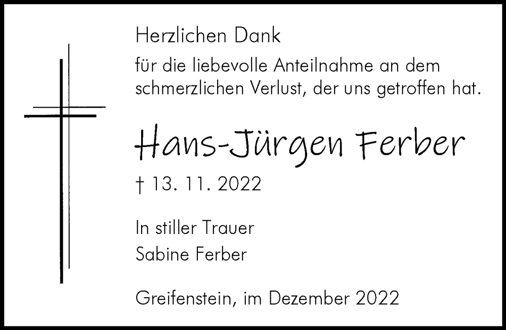  Traueranzeige für Hans-Jürgen Ferber vom 10.12.2022 aus Wetzlarer Neue Zeitung