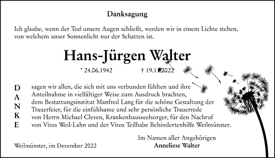 Traueranzeige von Hans-Jürgen Weer von Weilburger Tageblatt