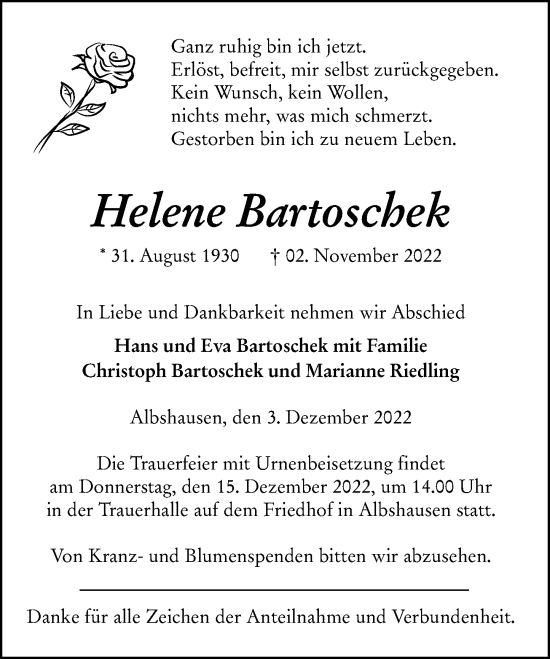 Traueranzeige von Helene Bartoschek von Wetzlarer Neue Zeitung
