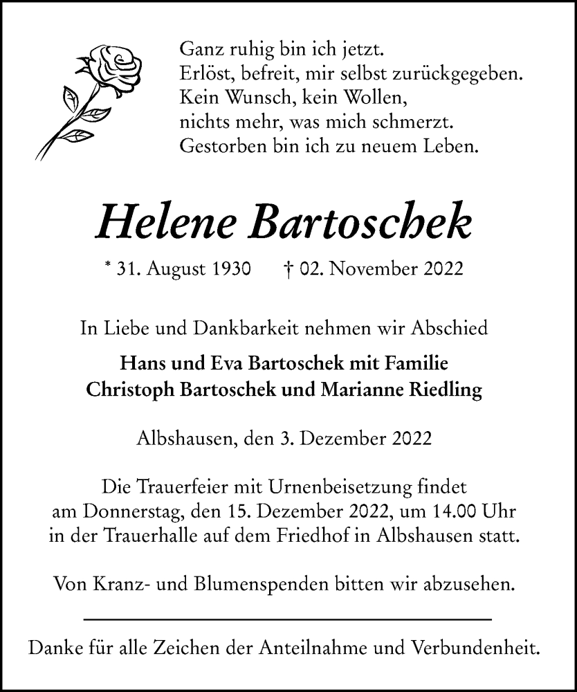  Traueranzeige für Helene Bartoschek vom 03.12.2022 aus Wetzlarer Neue Zeitung