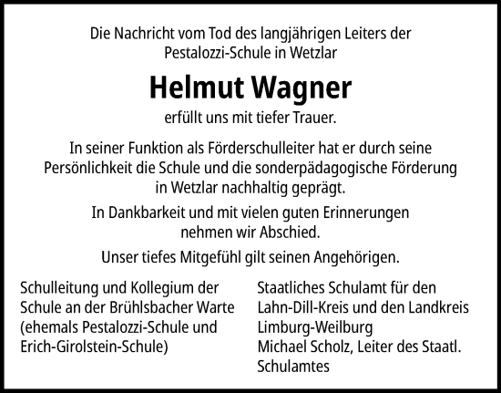 Traueranzeige von Helmut Wagner von Wetzlarer Neue Zeitung
