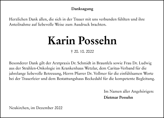 Traueranzeige von Karin Possehn von Wetzlarer Neue Zeitung