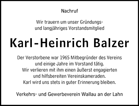 Traueranzeige von Karl-Heinrich Balzer von Hinterländer Anzeiger