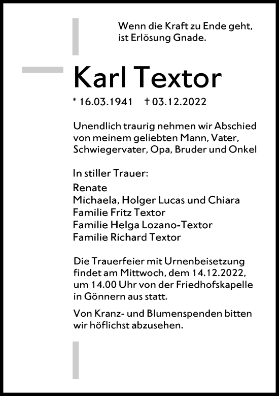 Traueranzeige von Karl Textor von Hinterländer Anzeiger