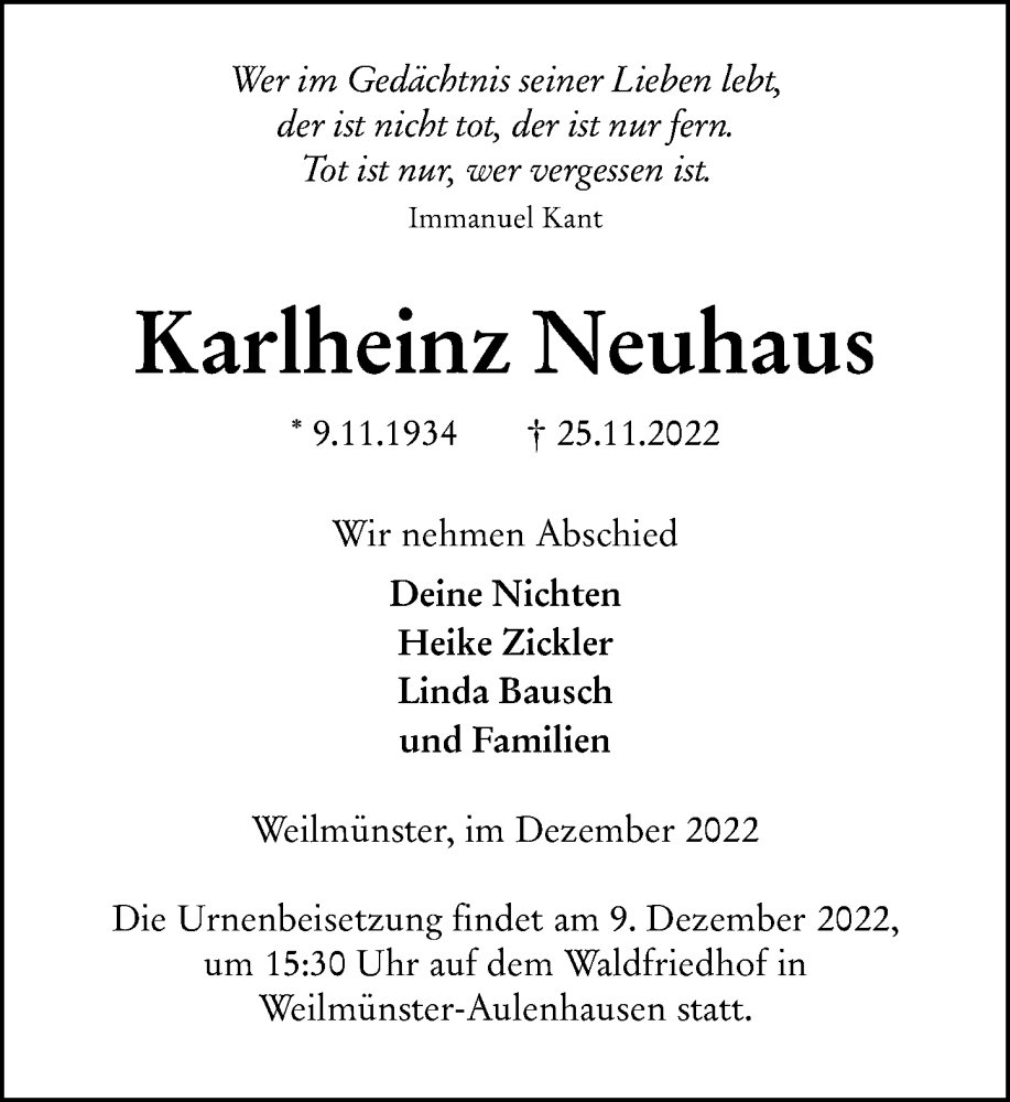  Traueranzeige für Karlheinz Neuhaus vom 03.12.2022 aus Weilburger Tageblatt