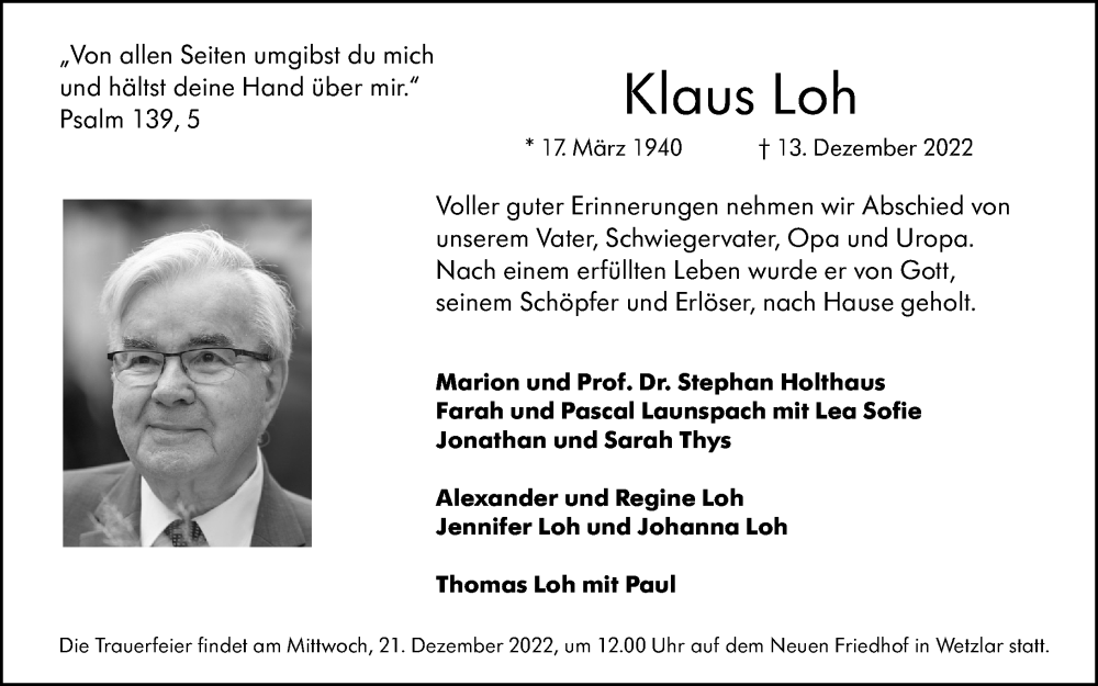  Traueranzeige für Klaus Loh vom 17.12.2022 aus Wetzlarer Neue Zeitung