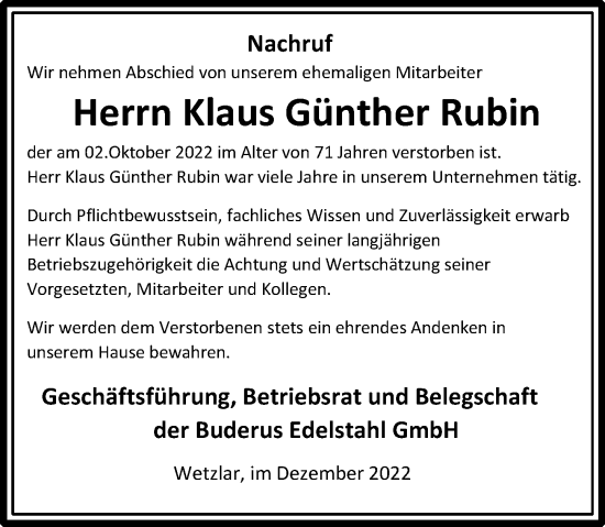 Traueranzeige von Klaus Günther Rubin von Wetzlarer Neue Zeitung