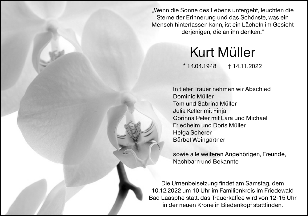  Traueranzeige für Kurt Müller vom 06.12.2022 aus Hinterländer Anzeiger