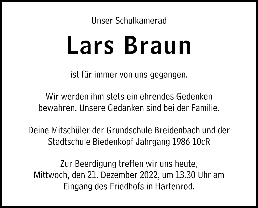  Traueranzeige für Lars Braun vom 21.12.2022 aus Hinterländer Anzeiger
